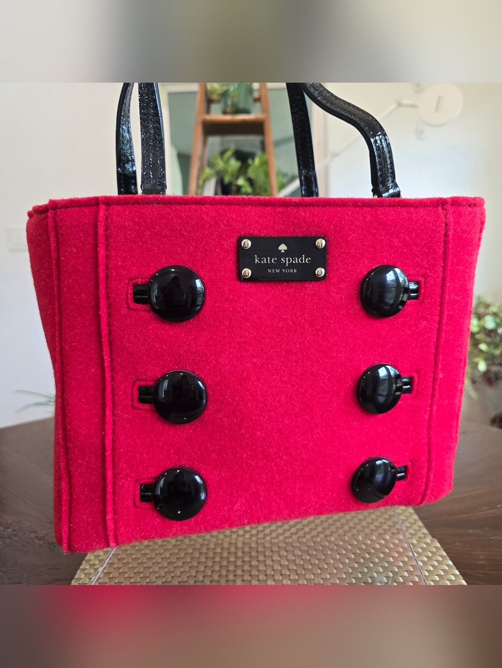 EUC Kate Spade Red Wool Button-Accent Tote - Picture 10 of 12